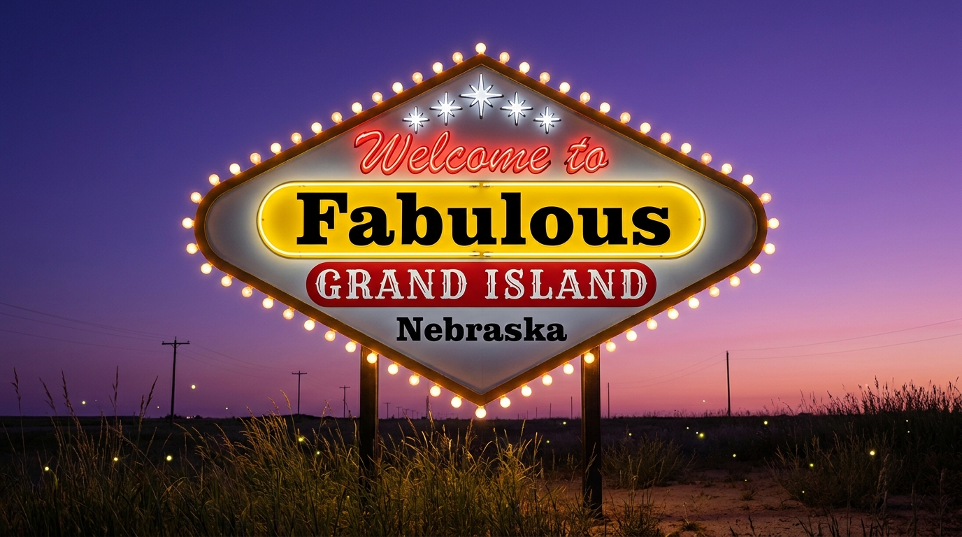 Vintage Vegas-style Welcome to Fabulous Grand Island Nebraska sign at twilight on the prairie with fireflies